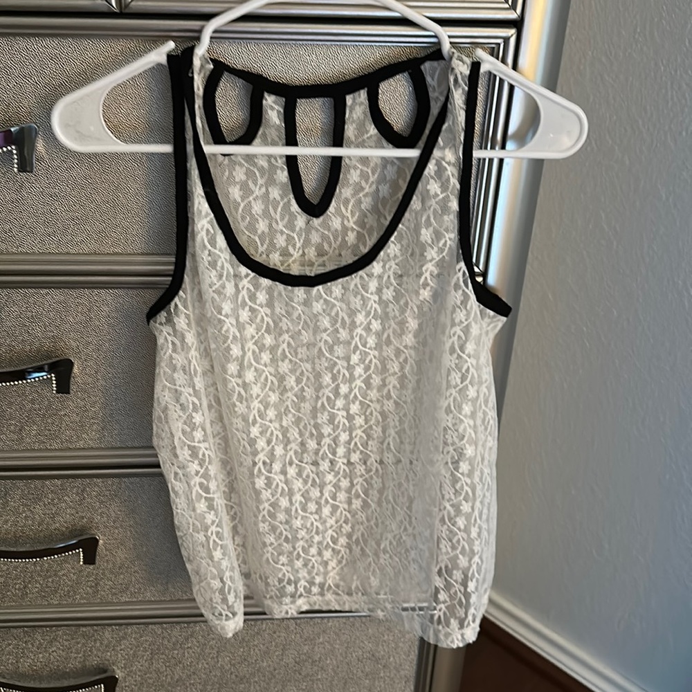 Size small sheer white lace with black trim tank top